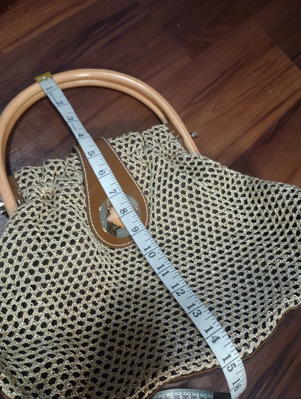 Kate Spade Wooden Handle Metallic Gold Mesh Hand Bag